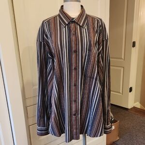 Johnston & Murphy Brown and Blue Vertical Stripe Button-Down Shirt XXL